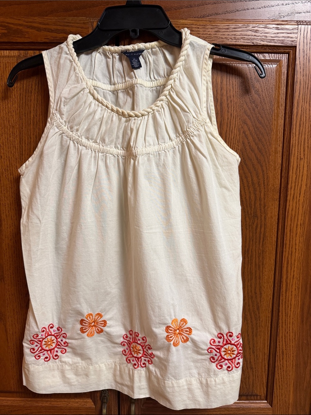 Tommy Hilfiger Cream Sleeveless Cotton Camisole with Orange & Pink Embroidery